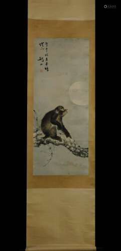 Vertical Painting : A Monkey under the Moon by Gao Jianfu