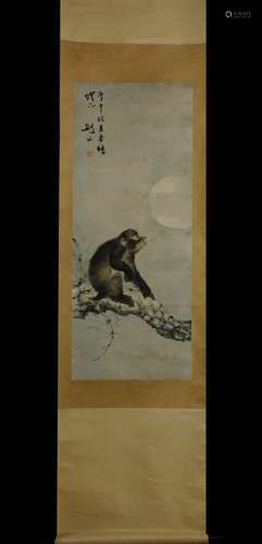 Vertical Painting : A Monkey under the Moon by Gao Jianfu