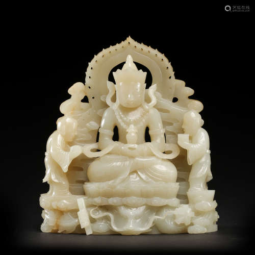 CHINESE QING DYNASTY HETIAN JADE CARVED SEATED  BUDDHA