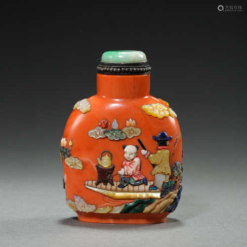 QING DYNASTY, CHINESE CORAL EMERALD SNUFF BOTTLE