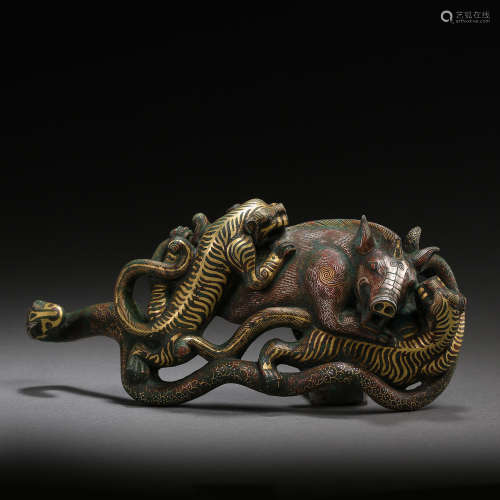 CHINESE BRONZE BELT HOOK INLAID GOLD, SILVER