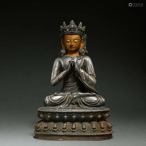 OLD CHINESE SILVER SEATED PARTIAL GILT BUDDHA  STATUE