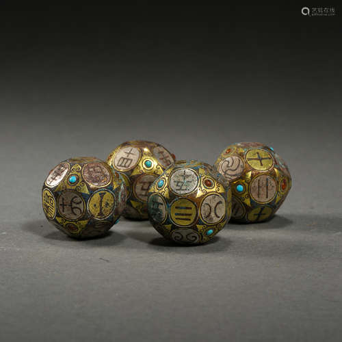 CHINESE BRONZE DICE INLAID GOLD, SILVER, TURQUOISE AND GEMSTONE