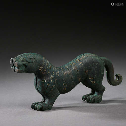 CHINESE BRONZE TIGER TALLY INLAID GOLD AND SILVER