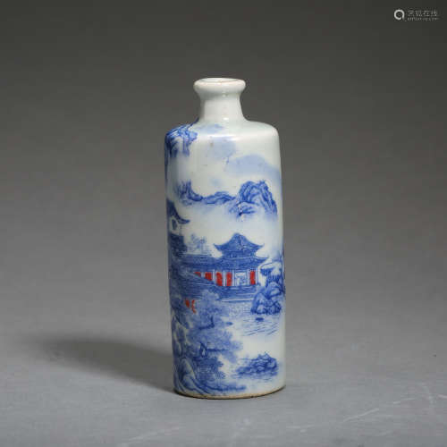 QING DYNASTY, CHINESE BLUE AND WHITE PORCELAIN SNUFF BOTTLE
