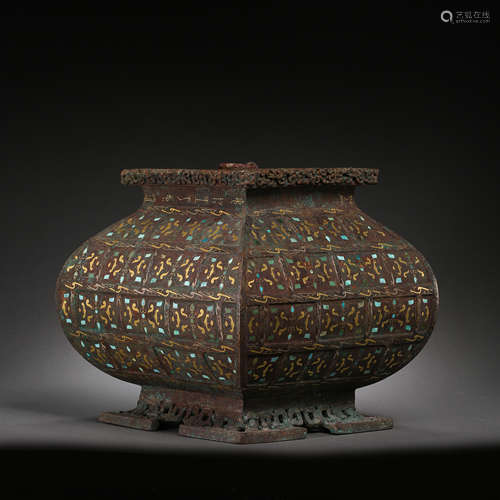 SQUARE BRONZE VASE WITH GOLD AND SILVER INLAID WITH TURQUOISE AND STONE