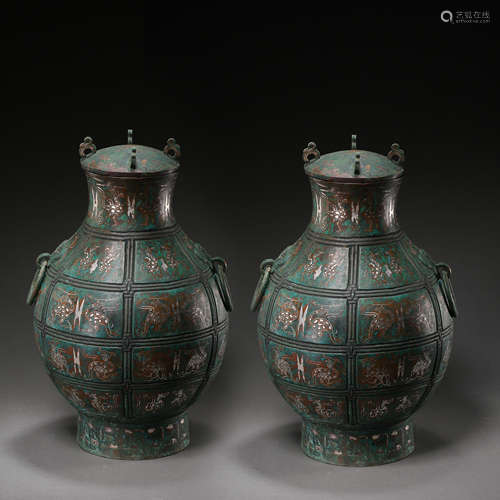 HAN DYNASTY, A PAIR OF CHINESE BRONZE ROUND VASES INLAID GOLD AND SILVER