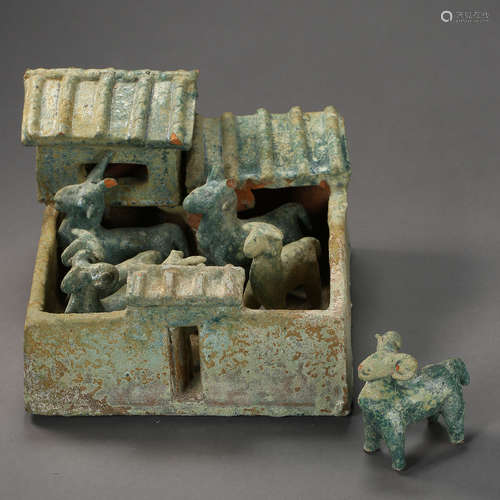 HAN DYNASTY, CHINESE GREEN GLAZED SHEEPS IN A SHEEPFOLD