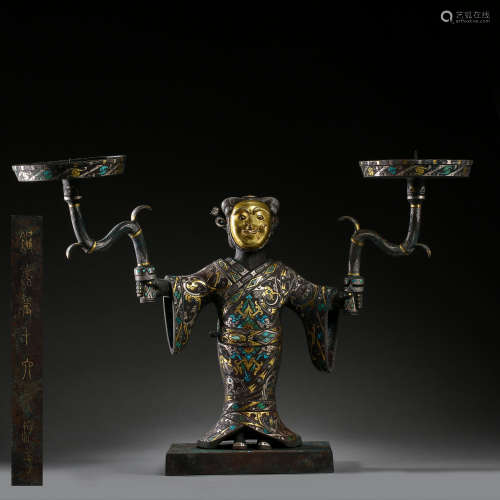 CHINESE BRONZE HUMAN FIGURE LAMP INLAID GOLD AND SILVER