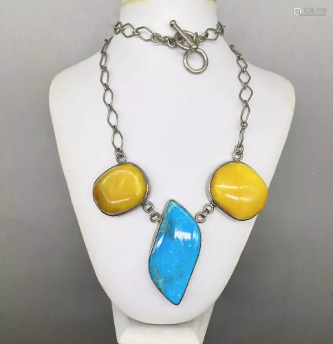 Turquoise beeswax inlaid necklace