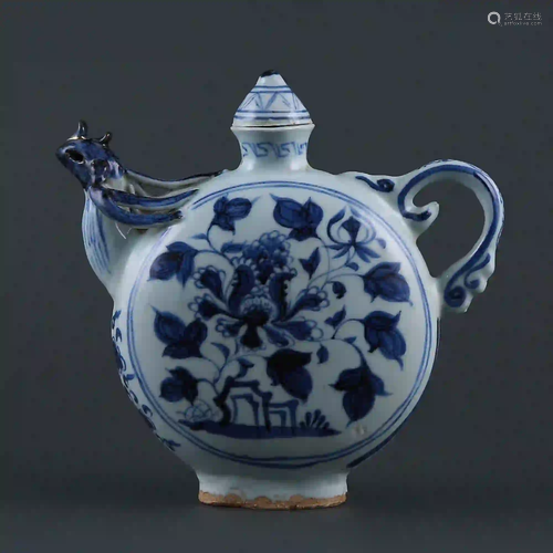 Ming Dynasty Blue and White Flat Pot with Flower