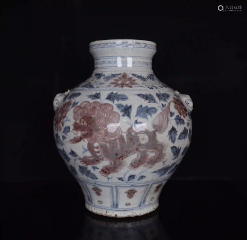 BLUE WHITE UNDERGLAZED RED LION AND PEONY PATTERN
