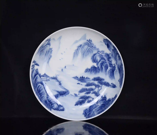 QIANLONG MARK BLUE WHITE LANDSCAPES PATTERN PLATE