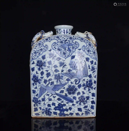 BLUE WHITE FLOWERS AND BIRDS PATTERN FLAT BOTTLE