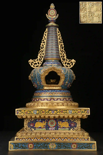 QIANLONG MARK GILT BRONZE CLOISONNE STUPA ORNA…