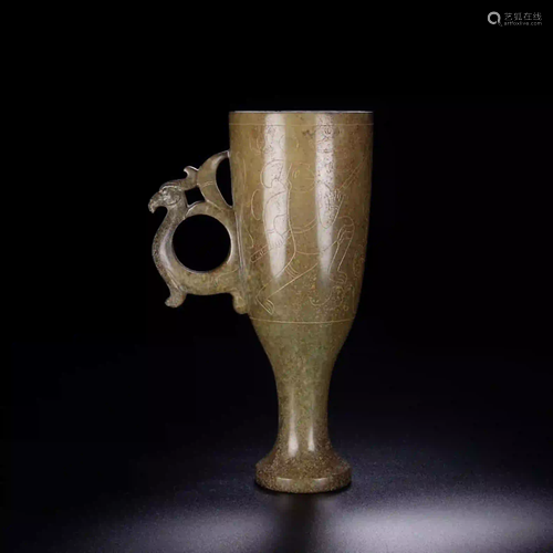 HETIAN JADE ROSEFINCH HAND HUNTING CUP