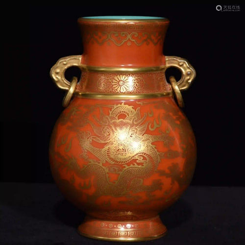 CORAL RED OUTLINE IN GOLD DRAGON PATTERN EARS VASE