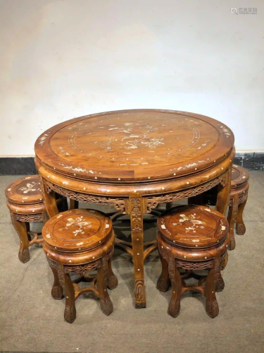HUANGHUA WOOD EMBEDED SHELLS TABLE AND SIX CHAIR