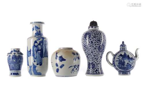 A CHINESE BLUE AND WHITE VASE, TWO OTHER VASES AND A TEA POT AND A JAR