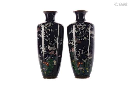 A PAIR OF EARLY 20TH CENTURY JAPANESE CLOISONNE ENAMEL VASES