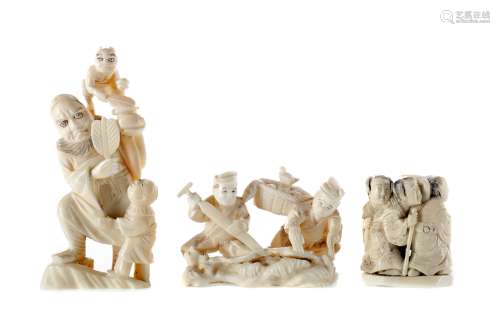 A LOT OF THREE EARLY 20TH CENTURY JAPANESE IVORY GROUPS