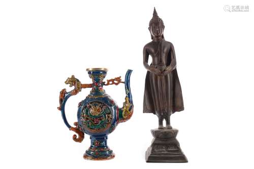 AN EASTERN BRONZE FIGURE OF A STANDING BUDDHA AND A WINE POT