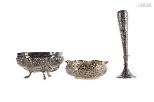 AN INDIAN SILVER CIRCULAR BOWL, ANOTHER BOWL AND A VASE