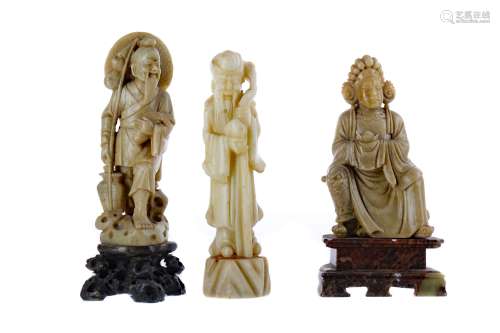 A LOT OF THREE CHINESE SOAPSTONE FIGURES