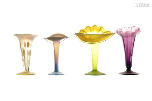 A LATE 19TH CENTURY VASELINE GLASS JACK-IN-THE-PULPIT VASE ALONG WITH ANOTHER AND TWO TRUMPET VASES