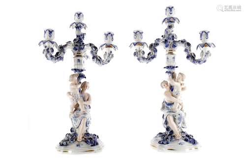 A PAIR OF SITZENDORF PORCELAIN CANDELABRA