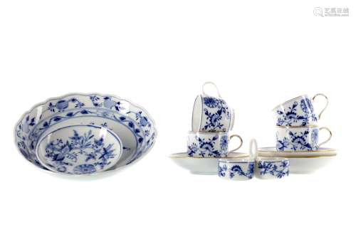 A SET OF THREE MEISSEN CUPS AND SAUCERS ALONG WITH ANOTHER, A DISH AND A CRUET