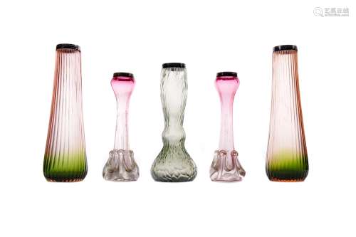 AN ART NOUVEAU IRIDESCENT GLASS VASE ALONG WITH TWO PAIRS OF SILVER MOUNTED VASES
