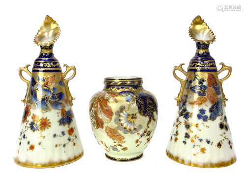 A PAIR OF NAUTILUS PORCELAIN CONICAL VASES ALONG WITH A CROWN DERBY VASE