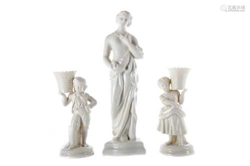 A BELLEEK FIGURE OF MEDITATION ALONG WITH A PAIR OF FIGURES