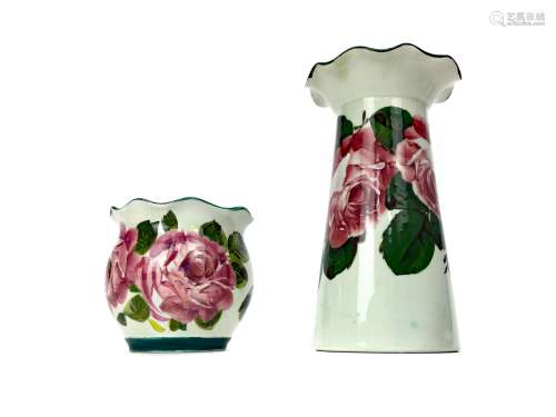A WEMYSS WARE 'CABBAGE ROSE' PATTERN VASE AND A JARDINIERE