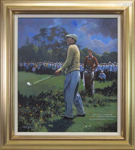 HOGAN PITCHING TO THE 6TH GREEN AT CARNOUSTIE DURING 1953 OPEN, AN OIL BY CRAIG CAMPBELL