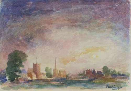 VILLAGE AT SUNSET, 1972, A WATERCOLOUR BY WILLIAM CROSBIE