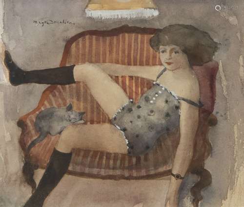 GIRL AND CONTENTED CAT, A WATERCOLOUR BY MARYSIA DONALDSON
