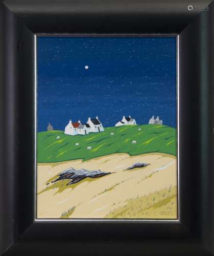 MOONLIT COTTAGES AND SHEEP, BY JOHN WETTEN BROWN