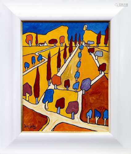 BLUE AND RED TREES LINED THE ROADS, AN OIL BY IAIN CARBY