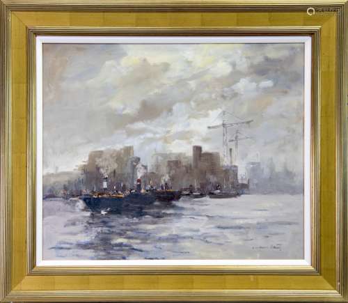 BOATS ON THE CLYDE, AN OIL BY WILLIAM NORMAN GAUNT