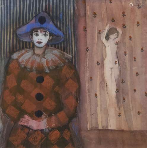 PIERROT AND NUDE, A WATERCOLOUR BY MARYSIA DONALDSON