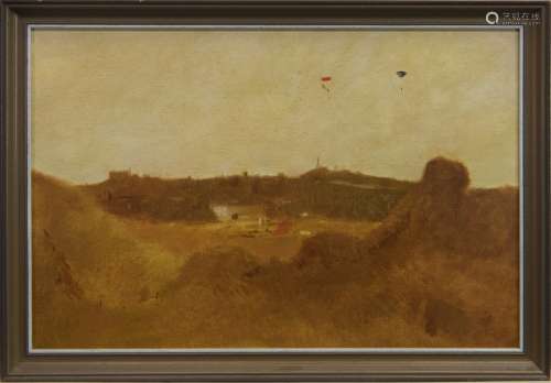PARACHUTE JUMPING IN THE PARK, AN OIL BY JOHN HALLIDAY
