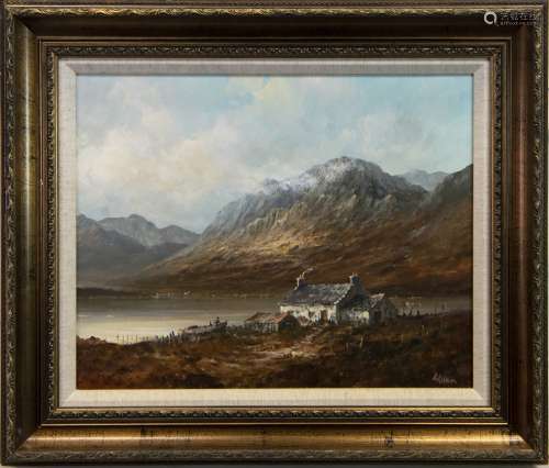 COTTAGE IN A HIGHLAND LANDSCAPE, AN OIL BY ALFRED ALLAN