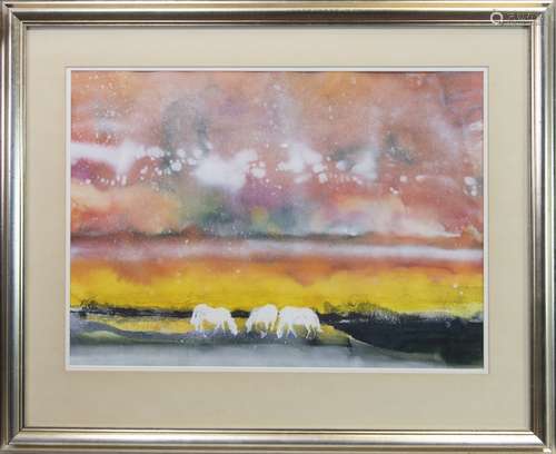 THREE WHITE HORSES, A WATERCOLOUR BY JAMES SPENCE