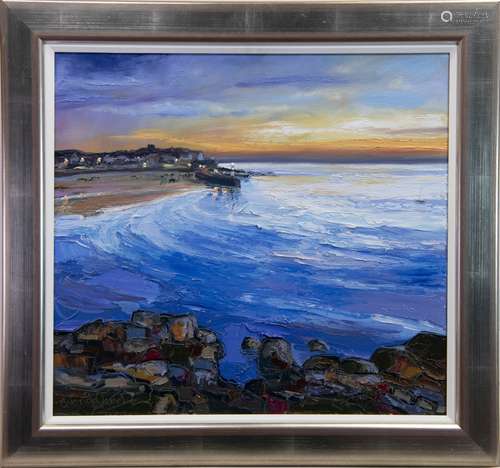 CALM SEA AND SUNSET, ST IVES, AN OIL BY JUDITH BRIDGLAND