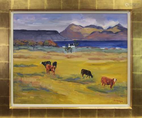 INQUISITIVE COWS, ARISAIG, AN OIL BY MARGARET BALLANTYNE