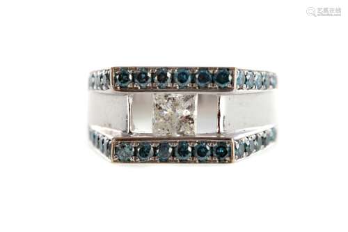 A TREATED BLUE AND WHITE DIAMOND RING
