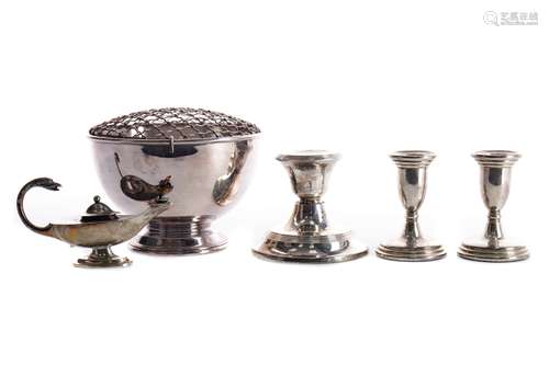 A PAIR OF SILVER CANDLESTICKS, ANOTHER CANDLETSICK AND OTHER ITEMS