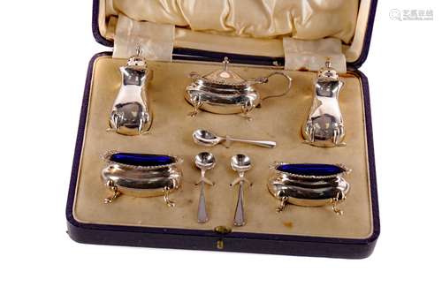 A FIVE PIECE OBLONG CRUET SET, IN CASE